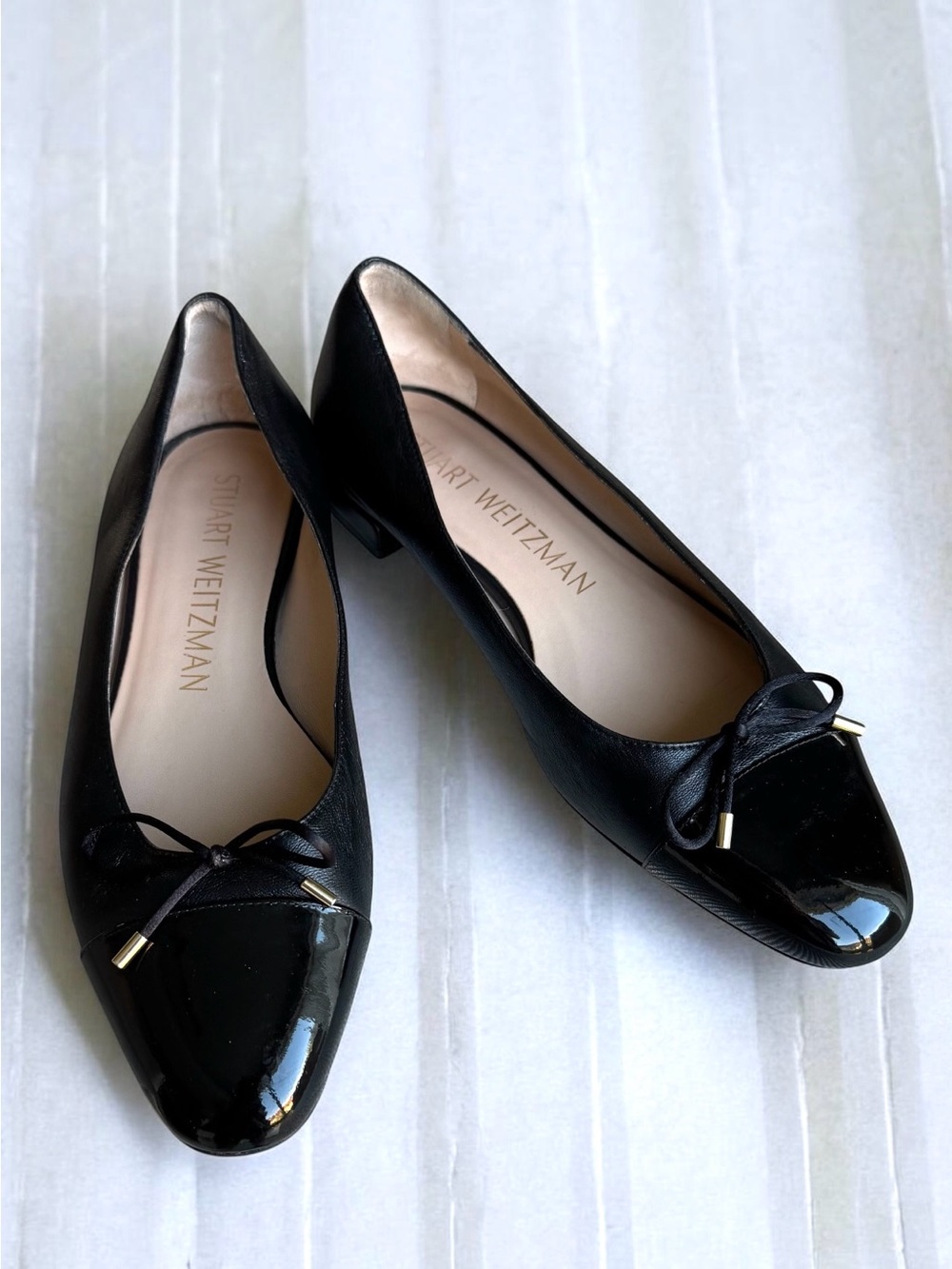 Stuart Weitzman Sleek Bow Flats Black Patent Leather